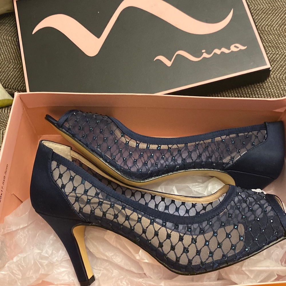 Nina Navy open toe heels